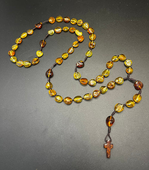 Genuine Baltic Amber Catholic Rosary Beads – Handcrafted Amber Rosary Necklace with Cross