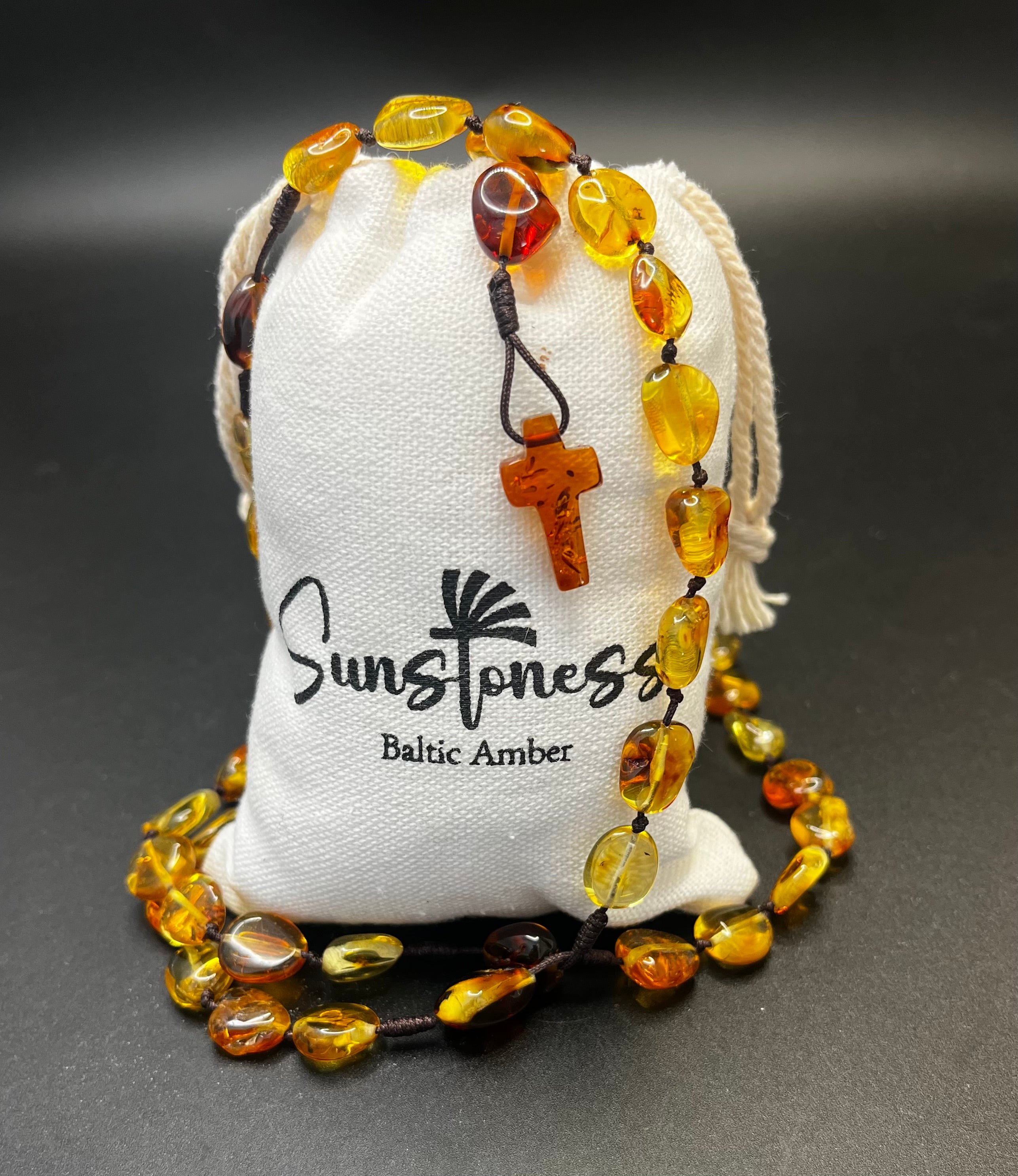 Genuine Baltic Amber Catholic Rosary Beads – Handcrafted Amber Rosary Necklace with Cross