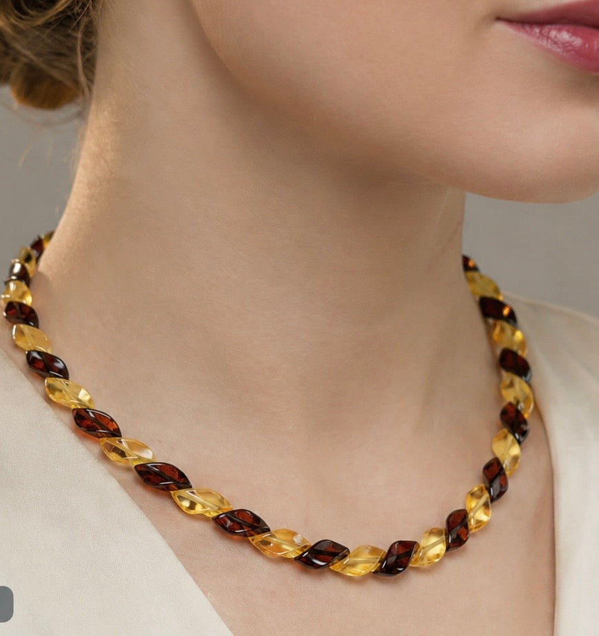 Handmade Baltic Amber Necklace – Twisted Geometrical Beads (54 cm / 16g)