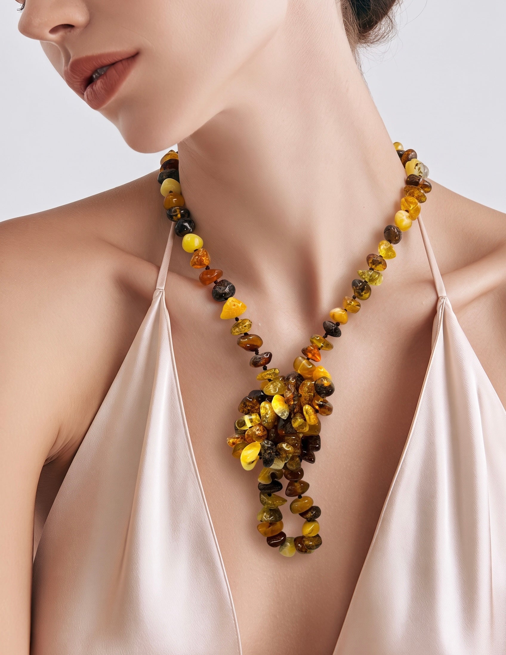 Long Baltic Amber Chip Necklace | Natural Multicolored Amber Flapper / Lariat Style | 103 cm (40.5 in), 30g
