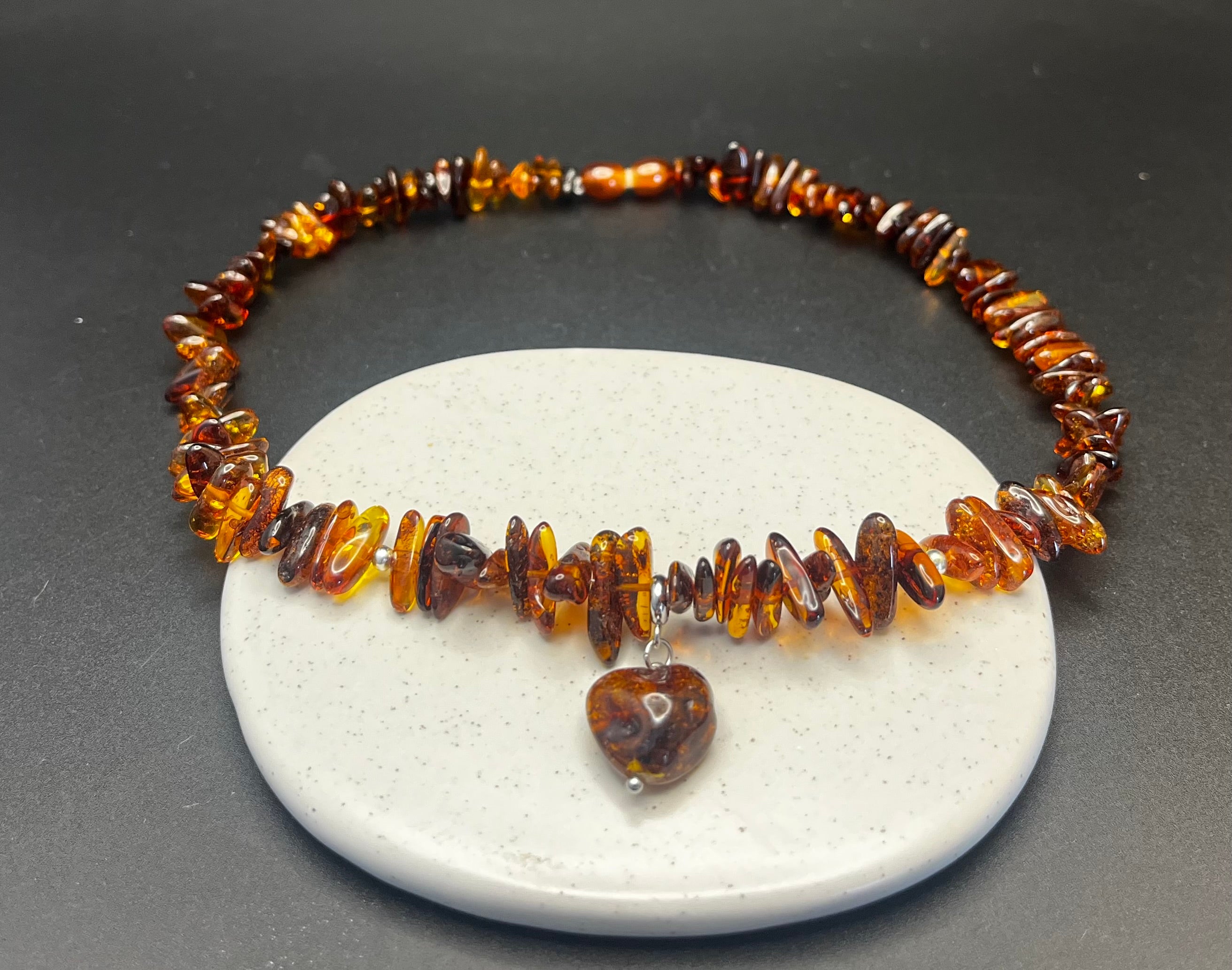 Handmade Genuine Baltic Amber Choker Necklace with Heart Pendant – Cognac Amber Beads (39 cm / 15.3")