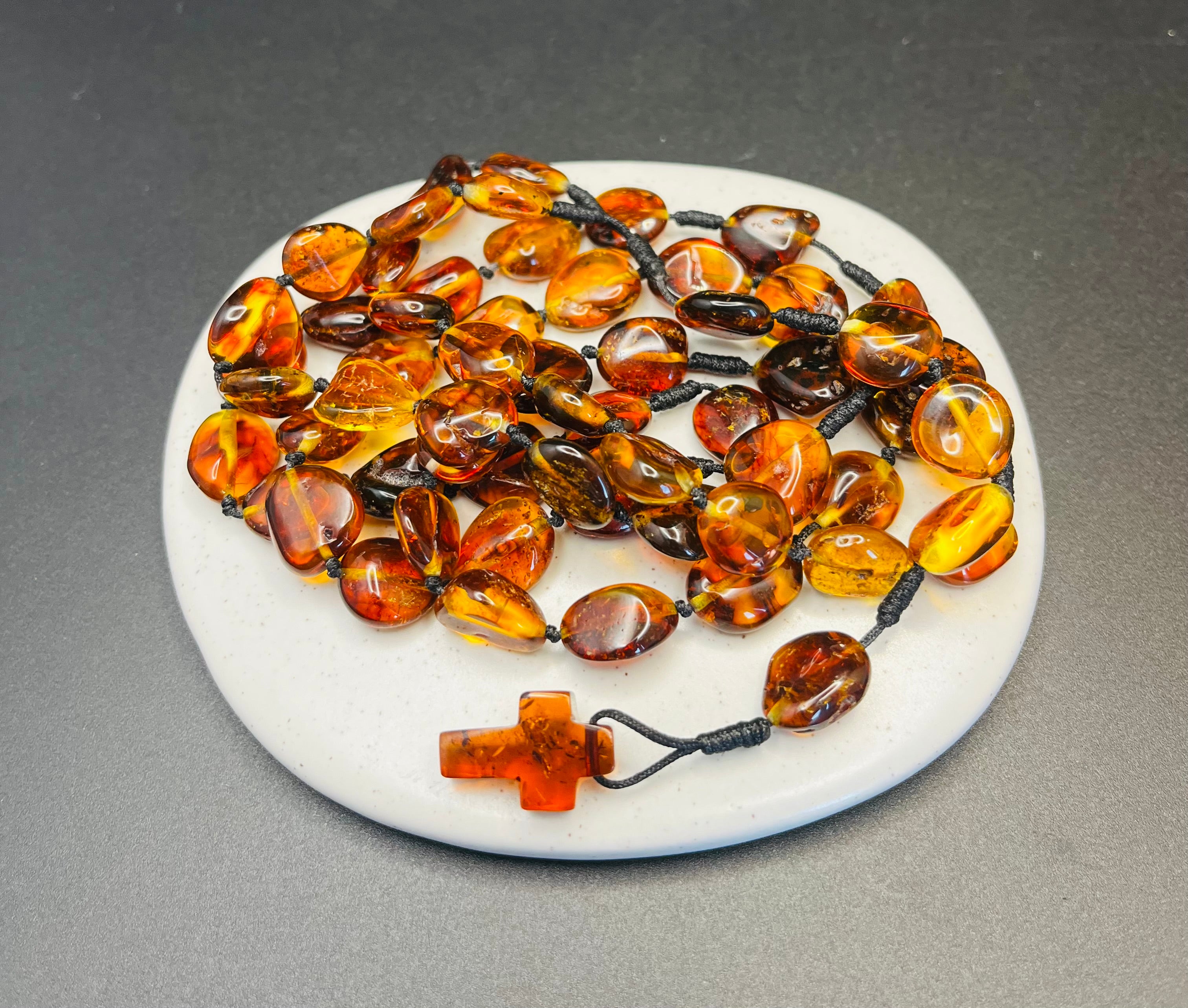Handmade Baltic Amber Rosary Beads – Authentic Catholic Prayer Beads Necklace with Amber Cross