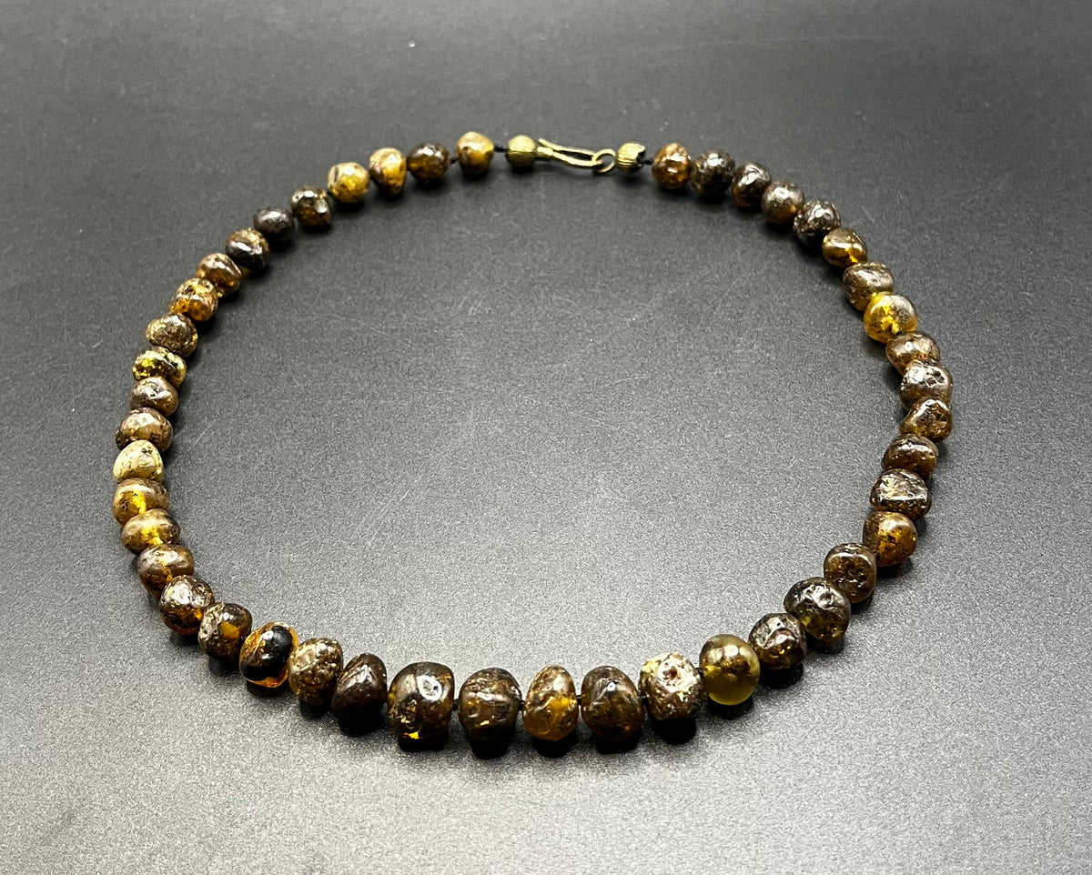 Handmade Natural Baltic Amber Necklace – Raw Dark Olive / Cognac Amber Beads (15g, 41cm)