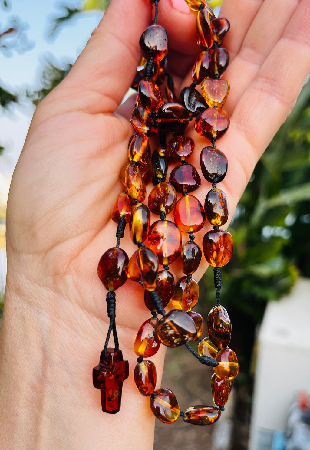 Handmade Baltic Amber Rosary Beads – Authentic Catholic Prayer Beads Necklace with Amber Cross