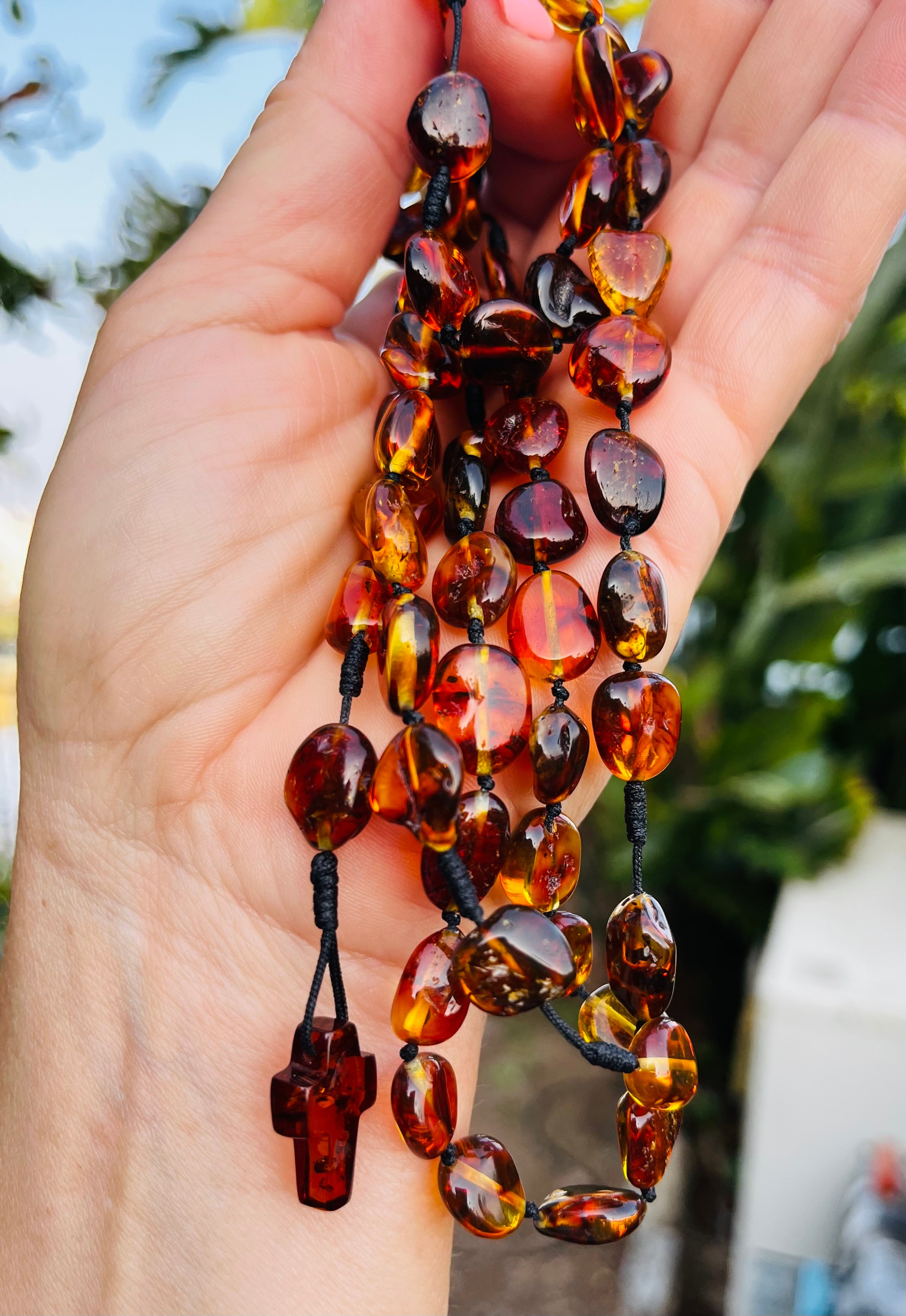 Handmade Baltic Amber Rosary Beads – Authentic Catholic Prayer Beads Necklace with Amber Cross