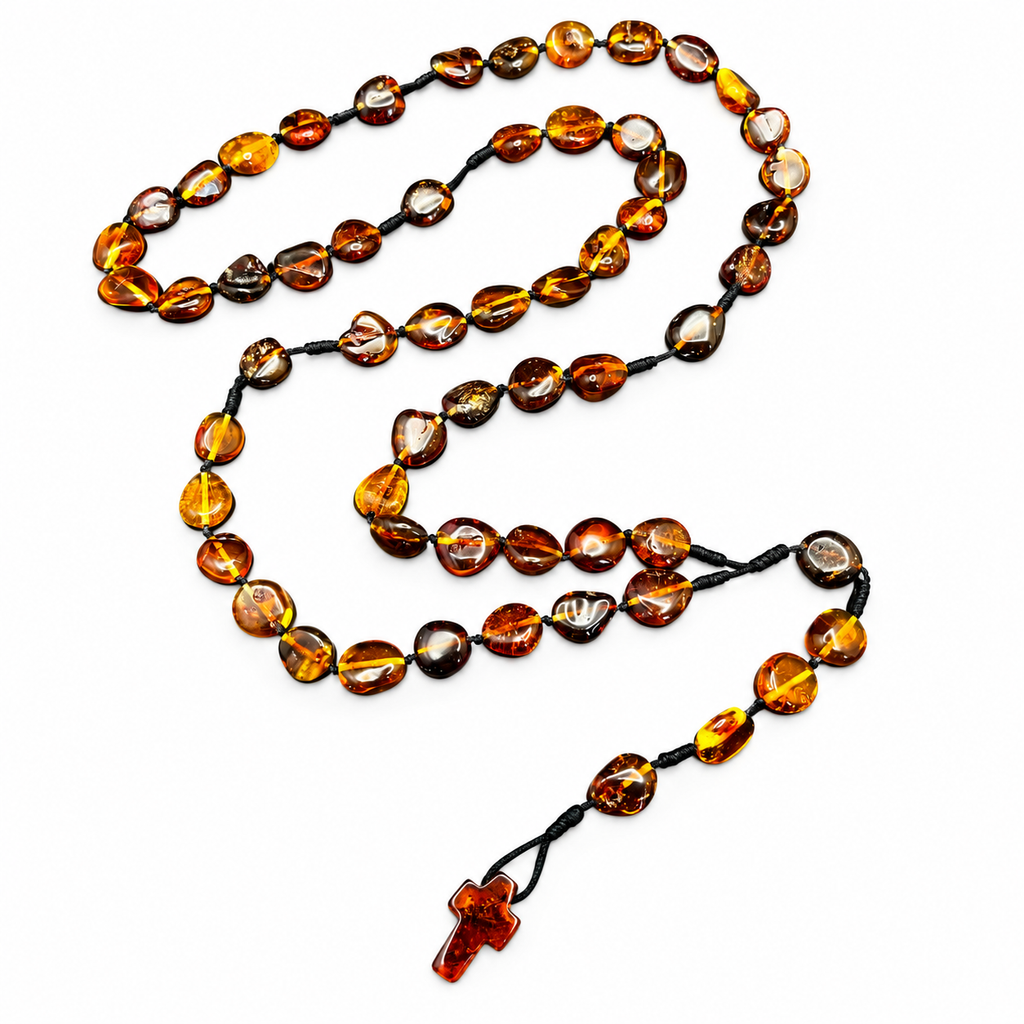 Handmade Baltic Amber Rosary Beads – Authentic Catholic Prayer Beads Necklace with Amber Cross