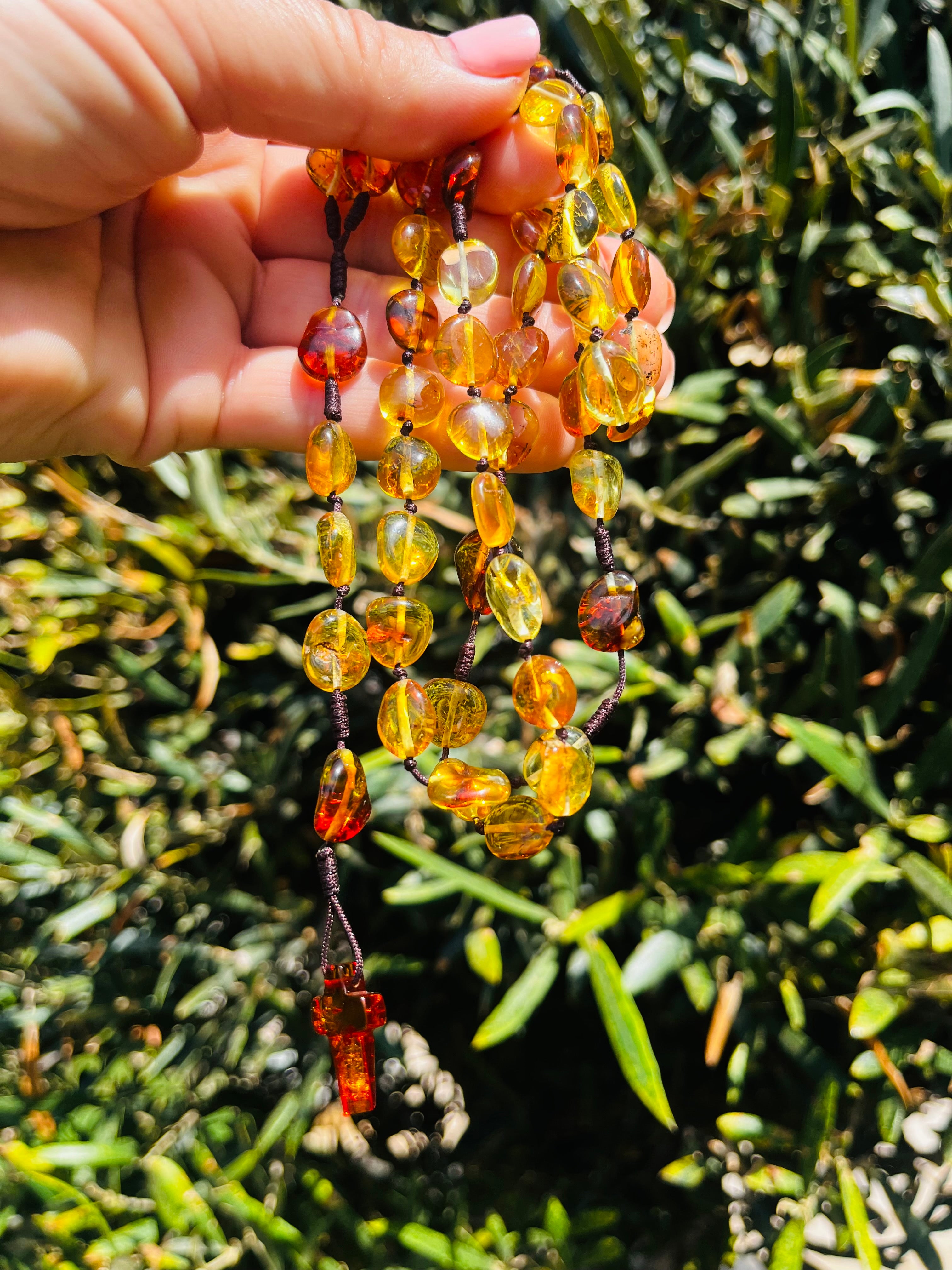 Genuine Baltic Amber Catholic Rosary Beads – Handcrafted Amber Rosary Necklace with Cross