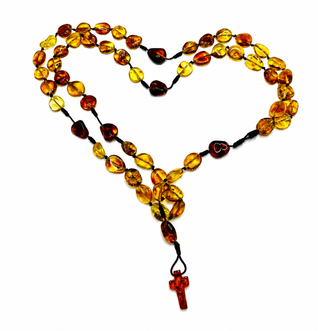 Genuine Baltic Amber Catholic Rosary Beads – Handcrafted Amber Rosary Necklace with Cross