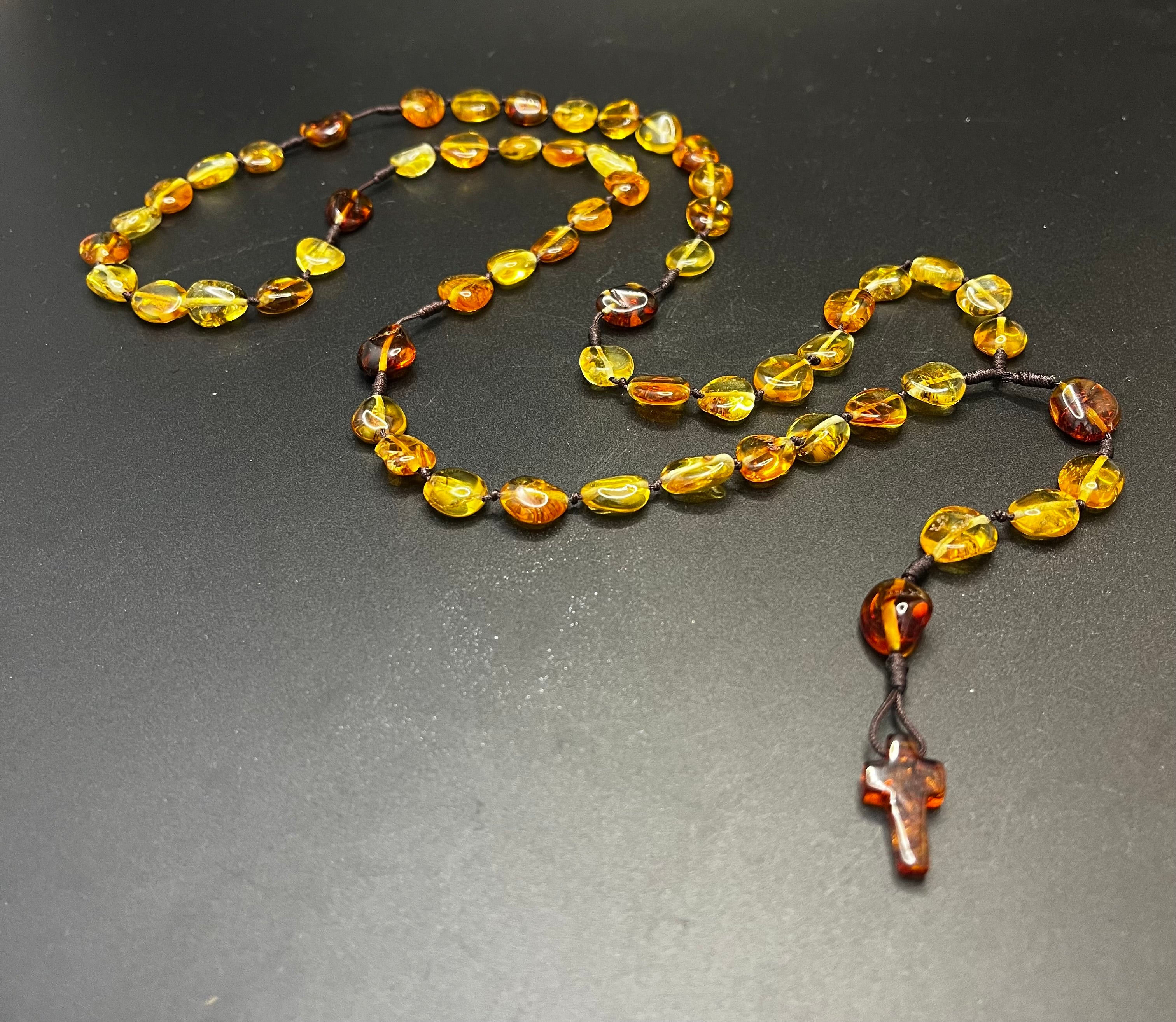 Genuine Baltic Amber Catholic Rosary Beads – Handcrafted Amber Rosary Necklace with Cross