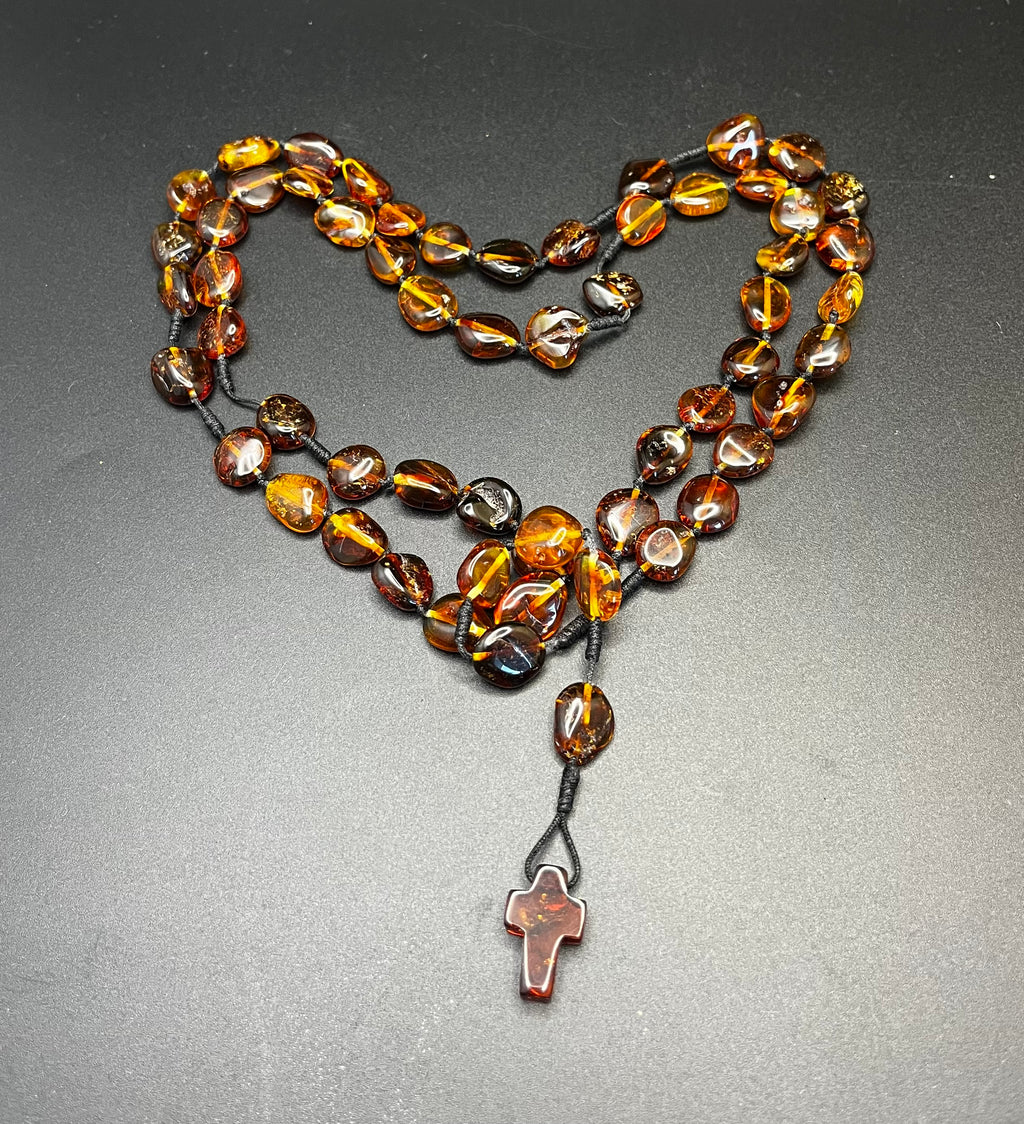 Handmade Baltic Amber Rosary Beads – Authentic Catholic Prayer Beads Necklace with Amber Cross