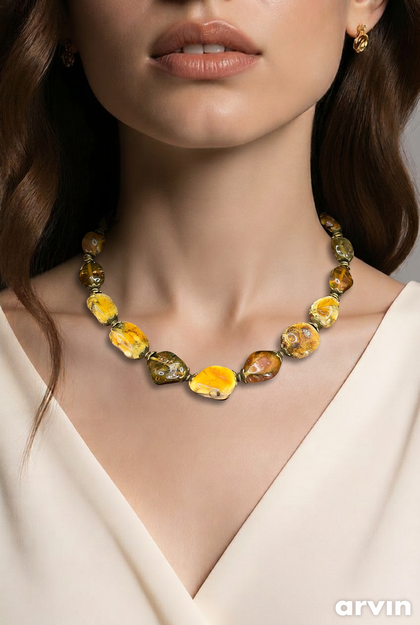 Baltic Landscape Amber Necklace in Bronze